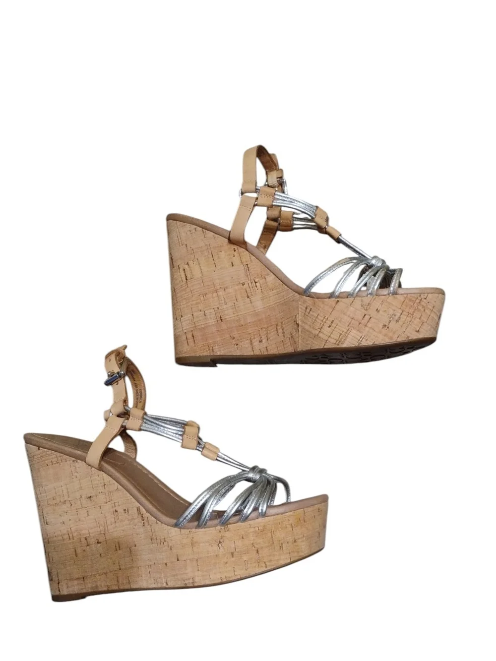 Coach Georgina Wedge Sandals with Cork Platform - Silver & Tan Size 6.5